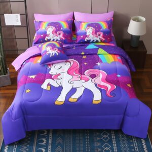 jqinhome unicorn twin bedding sets for girls kids,6 piece bed in a bag 3d purple rainbow theme unicorn comforter set with sheet set(rainbow)