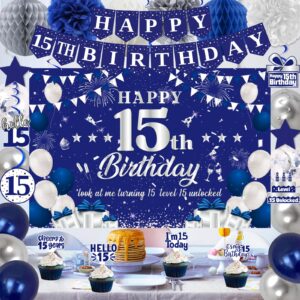 15th Birthday Decorations for Boys Girls, Blue Silver Happy 15th Birthday Party Decorations, Happy 15th Birthday Backdrop, Banner, Balloons, Hanging Swirls, Birthday Cards, Cake Toppers, Pompoms 54pcs