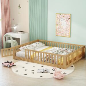 Bellemave Queen Size Floor Bed with Door,Kids Montessori Floor Bed with Slats and Fence,Solid Wood Queen Bed Frame for Girls Boys(Queen,Natural)