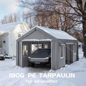 GarveeLife 13'x25'x11' Carport Oversized, Portable Garage with 180g PE Tarps, 19 Gauge Poles, 6 Roll-up Doors, and 4 Mesh Windows, Suitable for Full-Size Pickups Bass Boats, Tractors, and SUVs, Gray