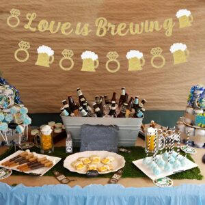 Cheereveal Beer Themed Bridal Shower Decorations, Love Is Brewing Banner Sign, Gold Glitter Beer Diamond Ring Garland for Bachelorette Wedding Engagement Anniversary Party Supplies