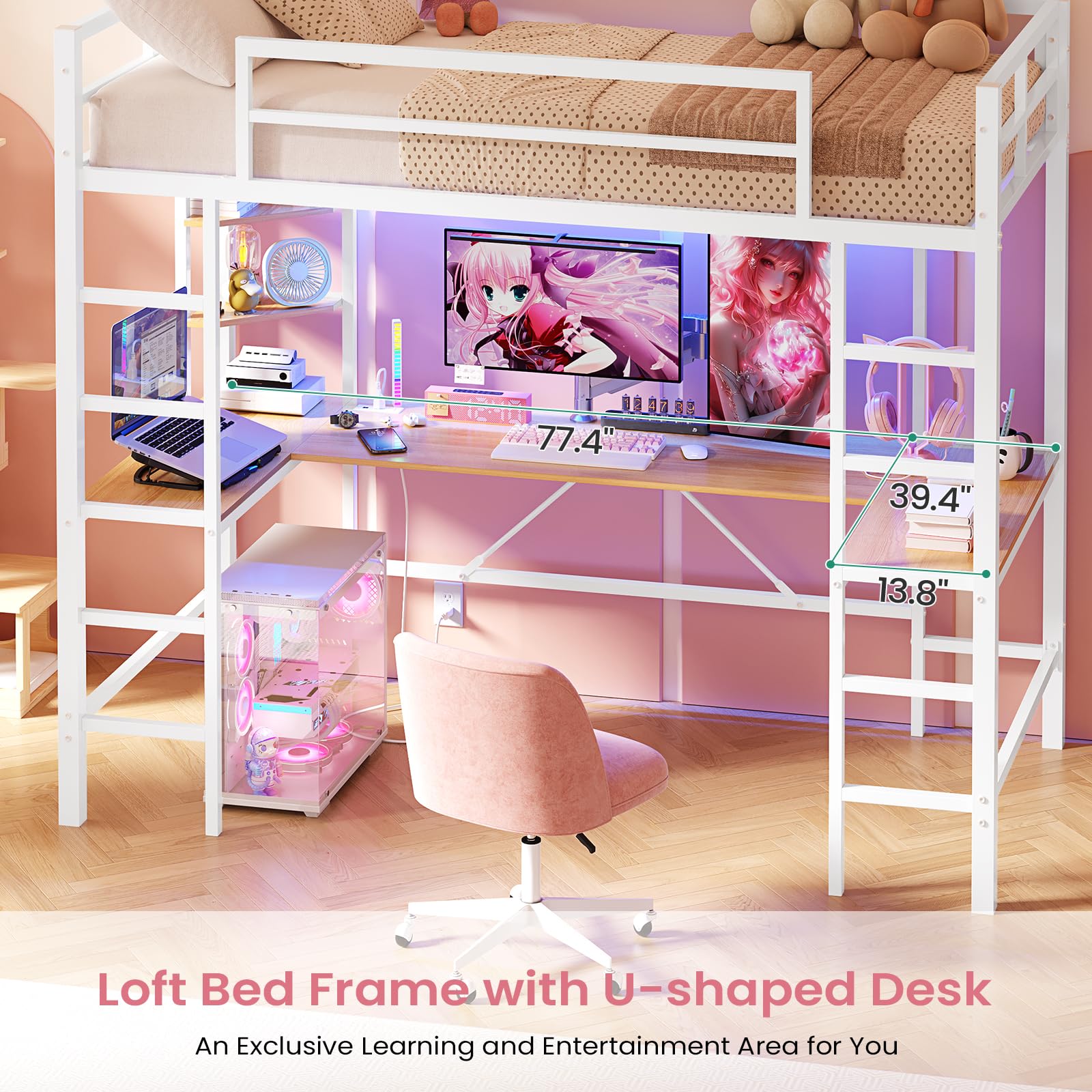 Hasuit Twin Metal Loft Bed with U-Shaped Desk, Charging Station &LED Lights, Twin LED Loft Bed with Open Storage Shelves, Safety Guardrail & Double Ladder,No Box Spring Needed, White Loft Bed