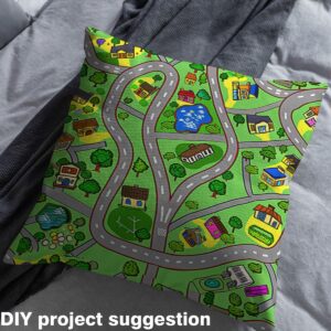 RezsoyeN Road Playmat Fabric by The Yard, Cartoon Road Upholstery Fabric, Cartoon Suburb Car Roadway Decorative Fabric, Street Race Track River City Map DIY Indoor Outdoor Fabric, Green, 1 Yard