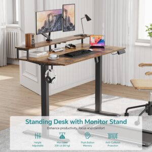 Mr IRONSTONE Electric Standing Desk with Monitor Shelf, 47" x 27" Height Adjustable Desk with 3 AC Outlets & 2 USB Ports, Sit Stand Up Desk Home Office Computer Desk (Rustic Brown)