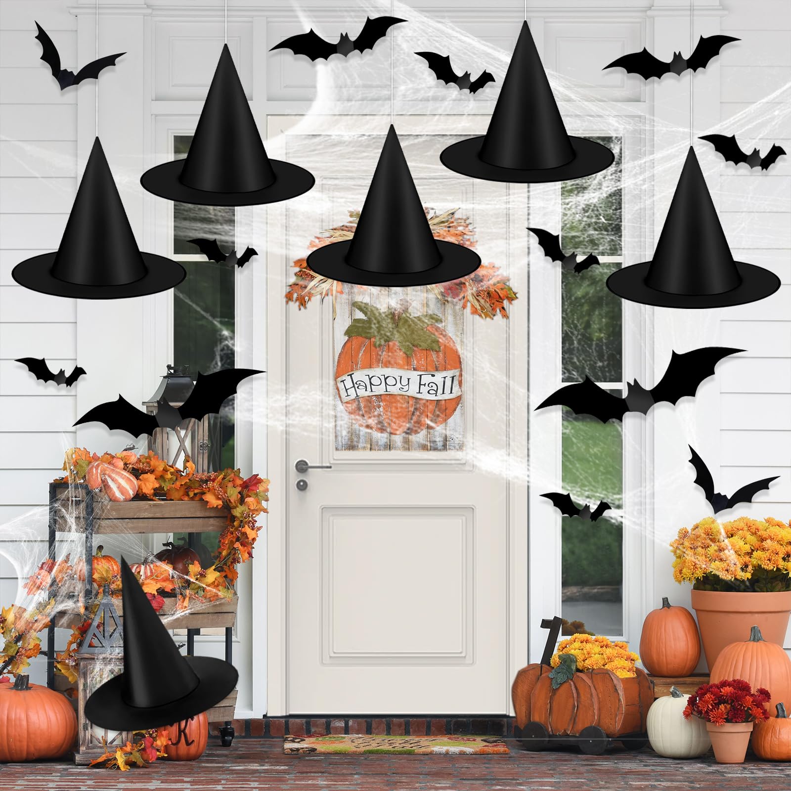 JMUQ 6 PCS Black Halloween Witch Hats with 3D Bats Stickers, Hanging Witch Hats for Halloween Indoor Outdoor Yard Decor Party Decorations Wizard Hats