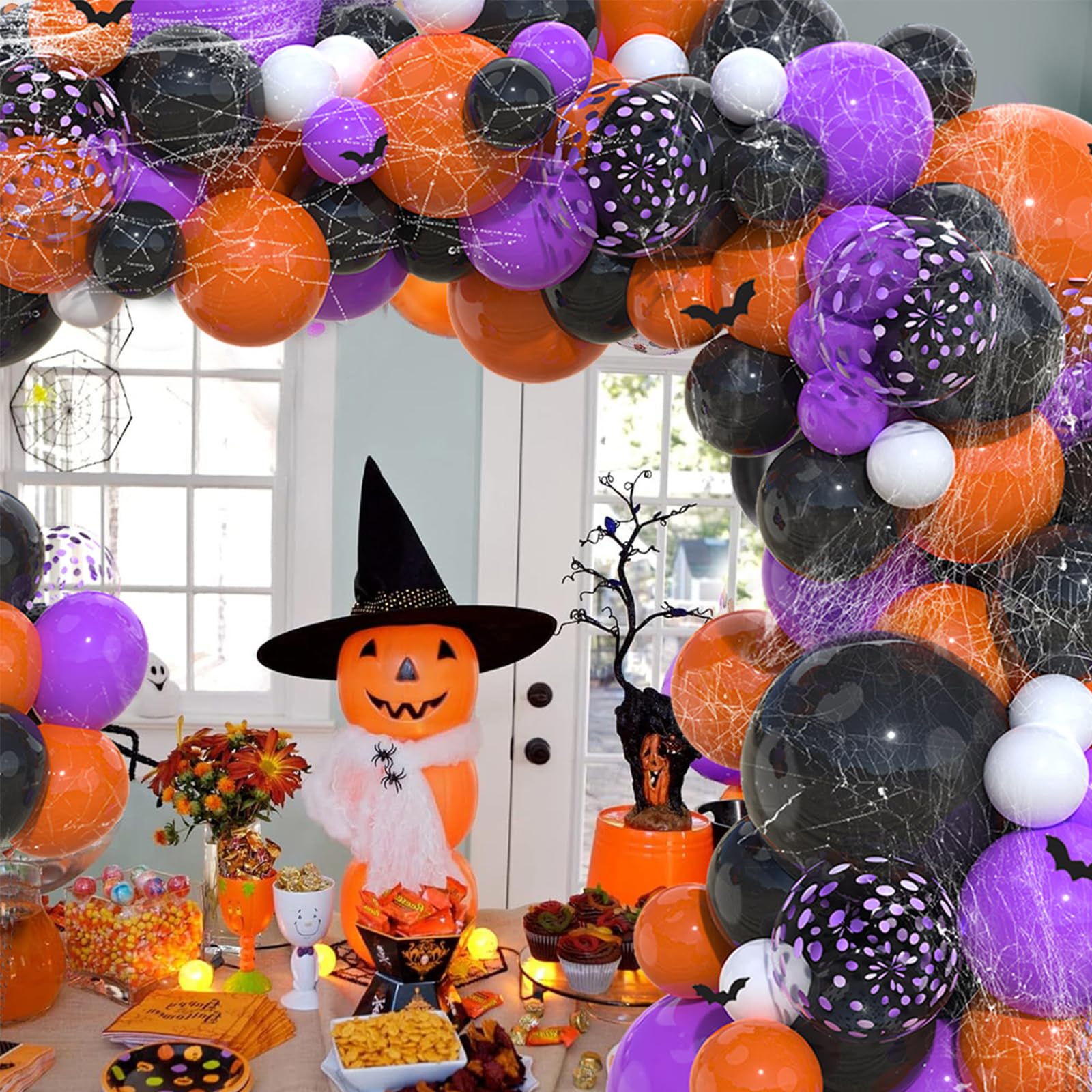 Halloween Balloons Garland Arch Kit,130PCS Halloween Party Balloons with Spider Web,Bats Stickers,Purple Orange and Black Balloons for Halloween Party Decorations Halloween Birthday Baby Shower