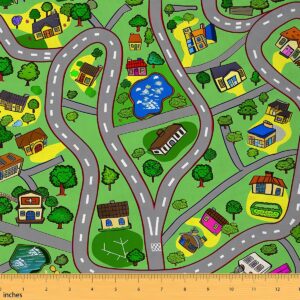 rezsoyen road playmat fabric by the yard, cartoon road upholstery fabric, cartoon suburb car roadway decorative fabric, street race track river city map diy indoor outdoor fabric, green, 1 yard