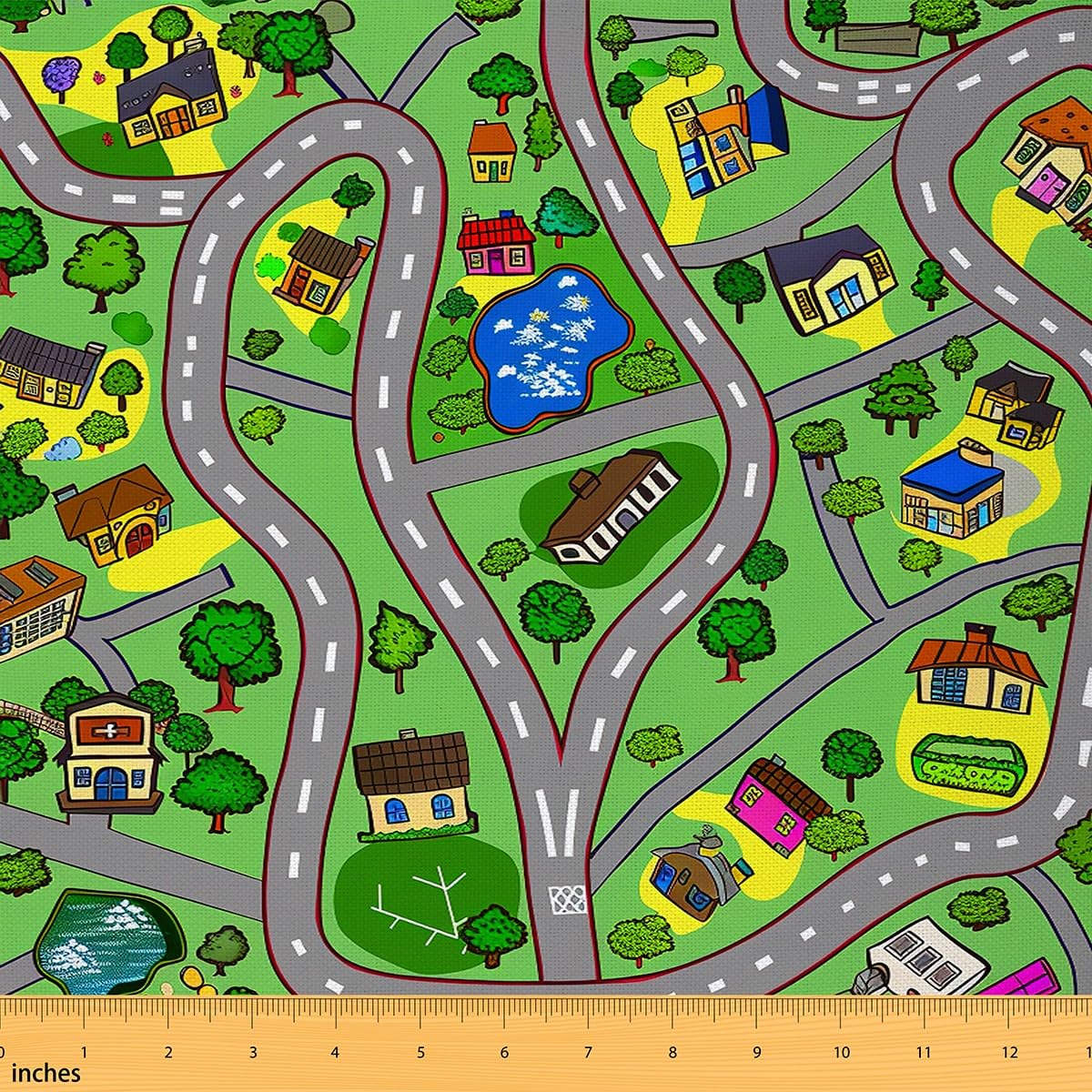 RezsoyeN Road Playmat Fabric by The Yard, Cartoon Road Upholstery Fabric, Cartoon Suburb Car Roadway Decorative Fabric, Street Race Track River City Map DIY Indoor Outdoor Fabric, Green, 1 Yard