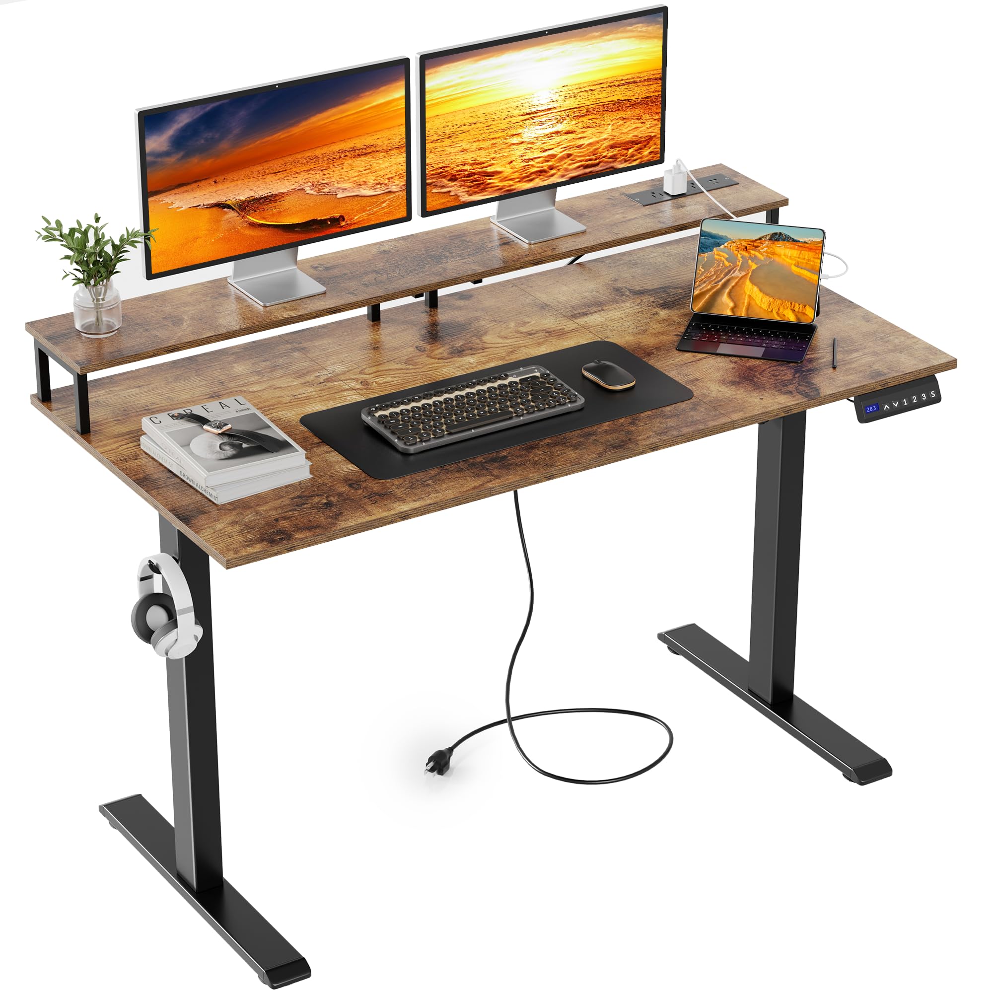 Mr IRONSTONE Electric Standing Desk with Monitor Shelf, 47" x 27" Height Adjustable Desk with 3 AC Outlets & 2 USB Ports, Sit Stand Up Desk Home Office Computer Desk (Rustic Brown)