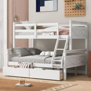 merax twin over full bunk bed, kids bedroom white wooden bunk bed frame, convertible to 2 separated beds with 2 big drawers, ladder & guardrail for teens, wood slat support, easy assembly, white