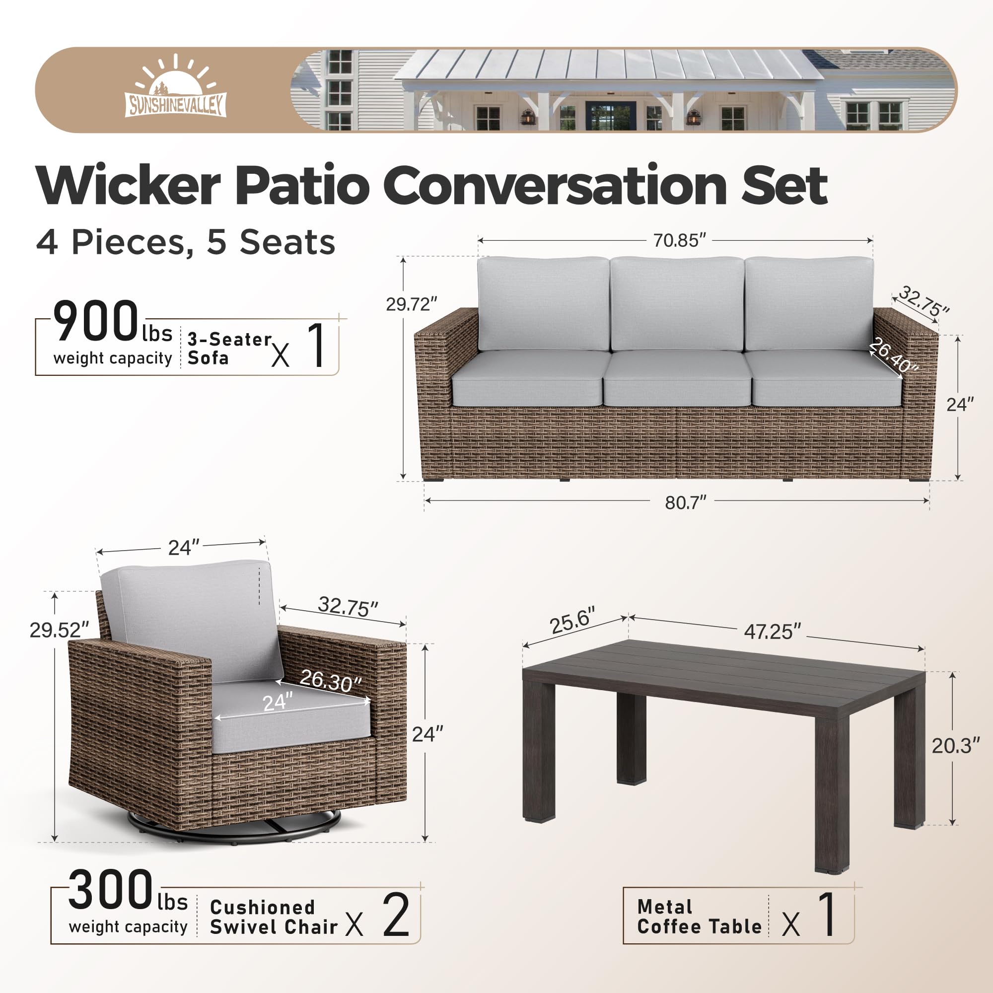 SUNSHINE VALLEY Swivel Glider 4 Piece Patio Furniture Set with Swivel Chairs, Patio Set with 4.92" Extra Wide Armrest, Wicker Patio Furniture with 26.3" Deep Seating and 5.5" Thick Cushions, Grey