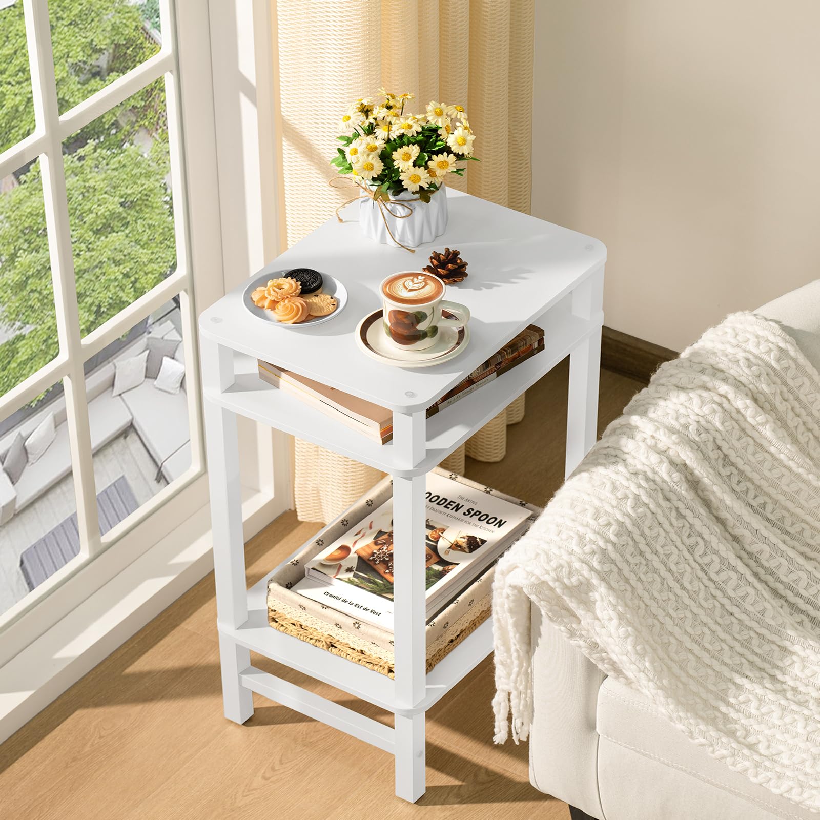 YUFAM 28in Tall Side Tables Set of 2, 3 Tier Small end tables for small spaces, narrow entryway tables with Storage, entrance tables for front door, Wooden frame, for Living Room, Bedroom, Hall, White