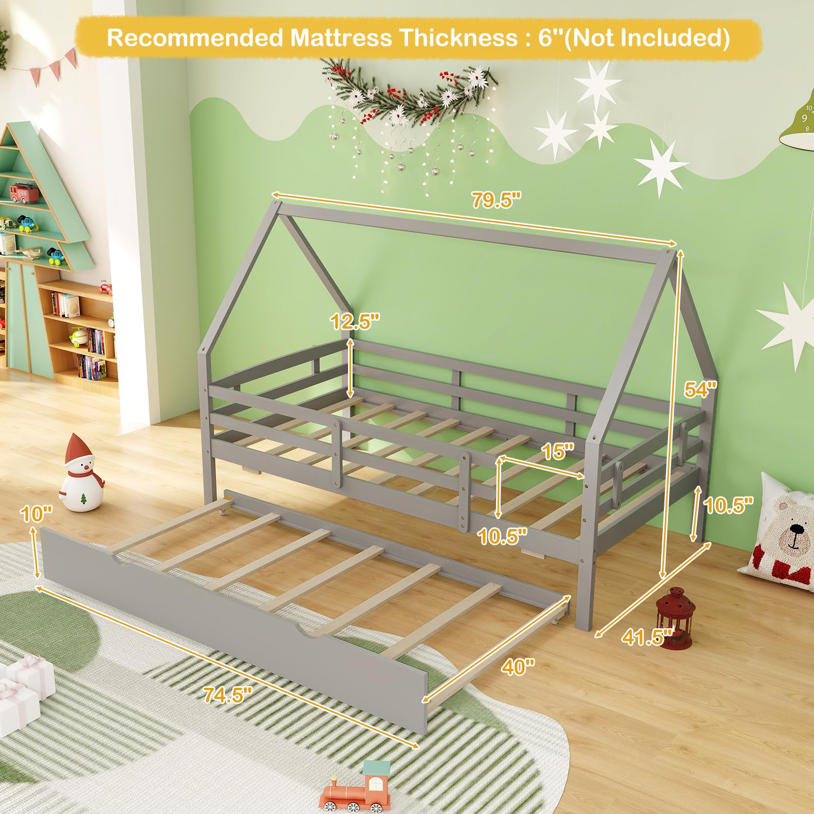 Giantex Twin House Bed with Trundle, Wood Kids Bed Frame with Roof & Fence Rails, Montessori Bed for Kids, Teens, Girls & Boys, No Box Spring Needed, Kids Trundle Bed Twin, Grey