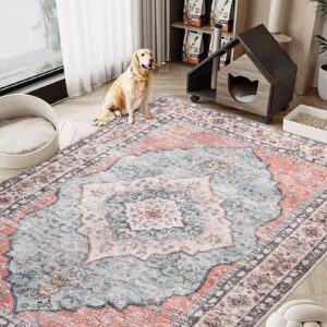 mtouock washable 8x10 area rugs, non slip boho area rug washable, vintage distressed area rugs 8 x 10 area rugs indoor for living room bedroom (8'x10', brick/rust/red)