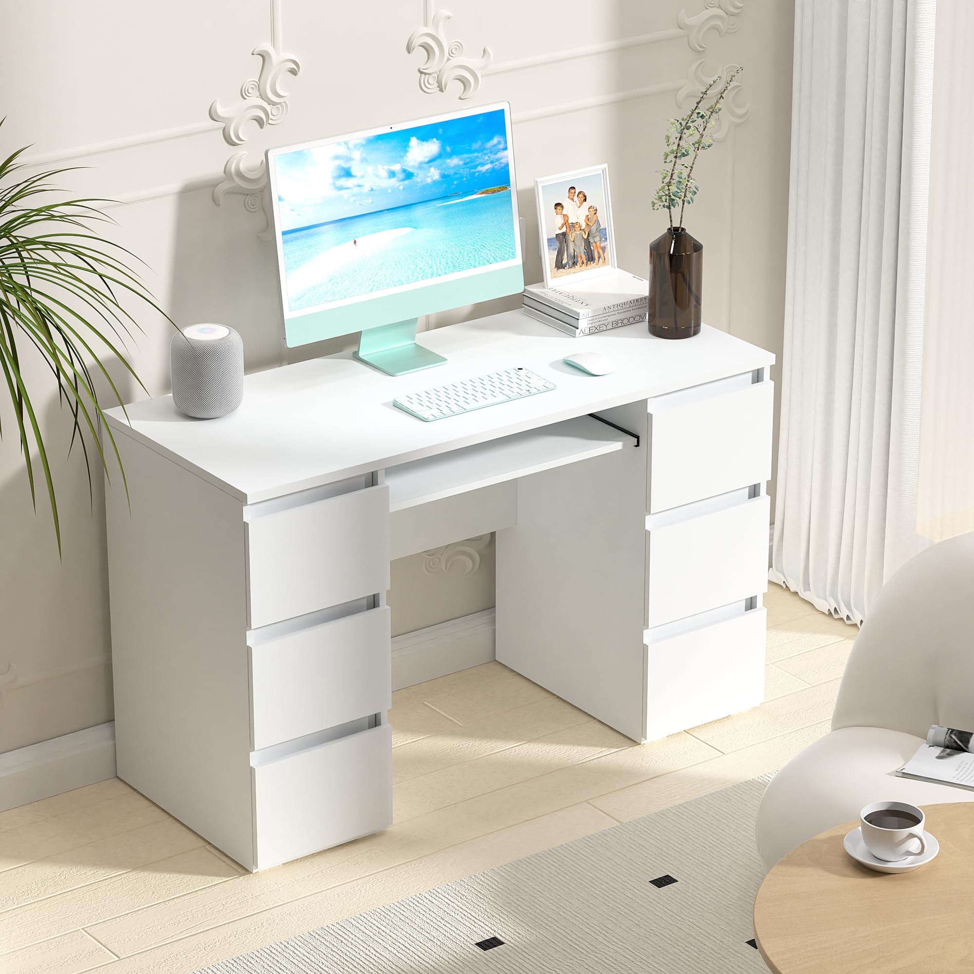 Furniwood Computer Desk with 6 Drawers,Home Office Desks with Storage,47 Inch Writing Wood Desk with Drawers PC Laptop Vanity Makeup Desk,Work Study Table Desk for Bedroom Office,White