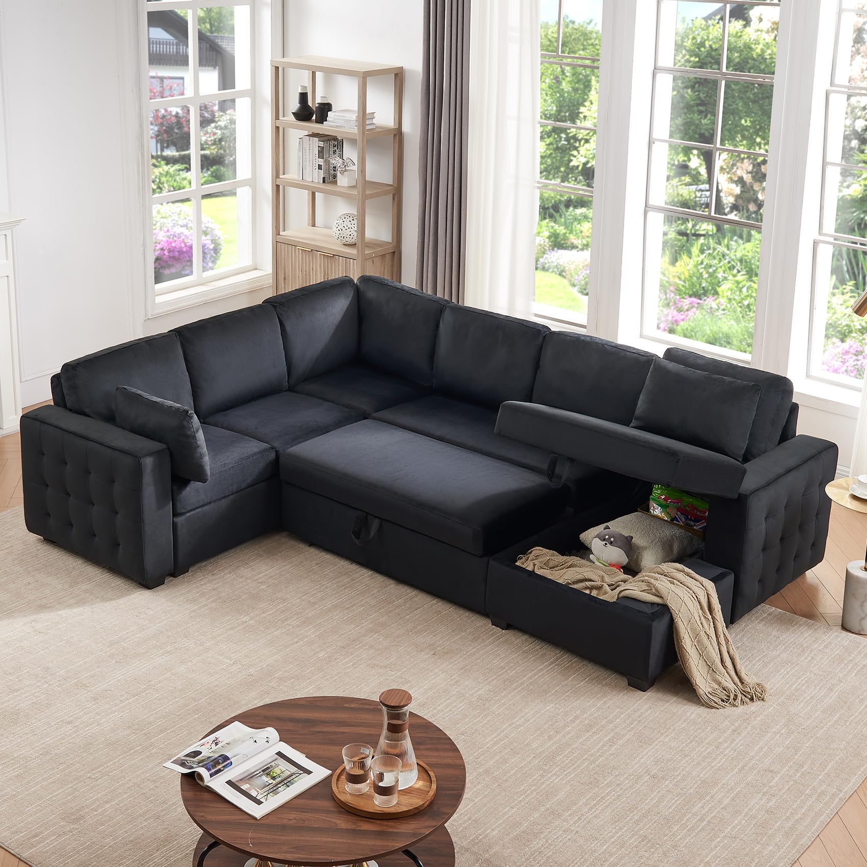 mestyl Convertible Pull Out Sleeper Sofa Bed with Storage Chaise, Oversized U Shaped Sectional Couch Bed with 2 Pillows, Comfy Large L Shaped Pullout Couches Bed for Living Room, Velvet, Black, MT002