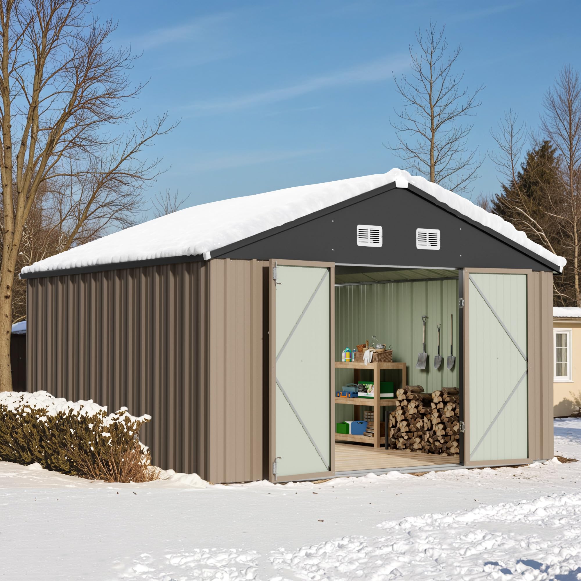 TREEVAN Outdoor Storage Sheds 10x10 FT, Outdoor Metal Shed with Vents and Lockable Door for Patio Storage, Brown