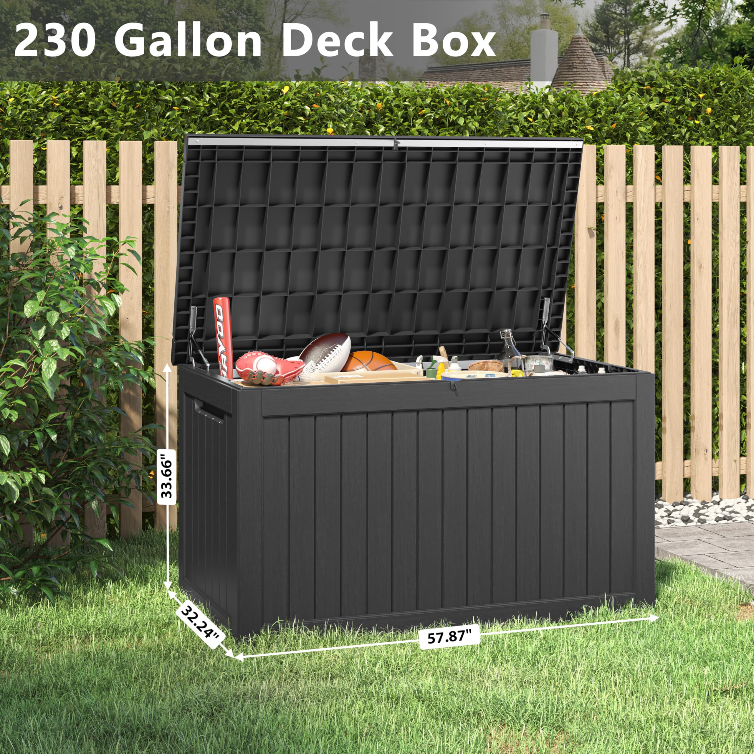 NUNU LAB 230 Gallon Outdoor Storage Box, Deck Box, Waterproof Resin Storage Bin for Patio Cushions for Patio Furniture Cushions, Garden Tools, Lockable, UV Resistant (Black)