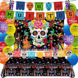 day of the dead decorations includes 3 dia de los muertos banner, 18 latex balloons,1 backdrop, 1 table cloth,sugar skull dia de los muertos decoration for halloween mexican fiesta supplies