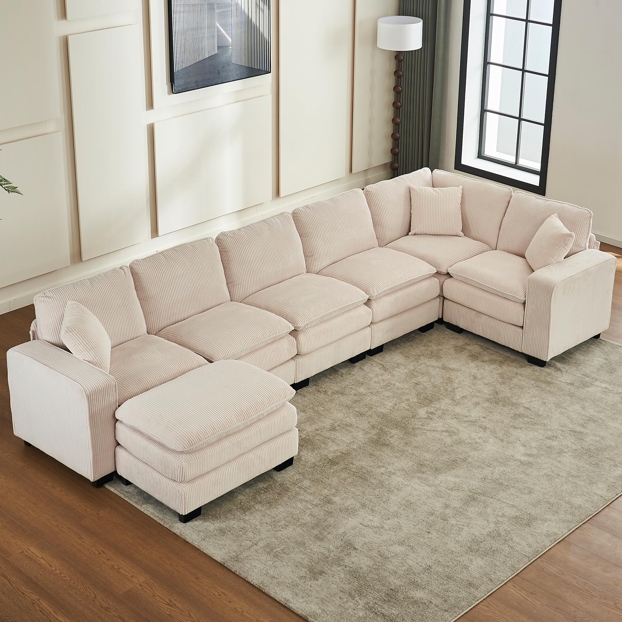 Luxyhoom Modular Sectional Sofa, 6 Seater L-Shaped Convertible Couch with Ottoman, Corduroy Upholstered Living Room Furniture Set, Double Cushion Cloud Corner Couch for Apartment, Hotel, Office, Beige