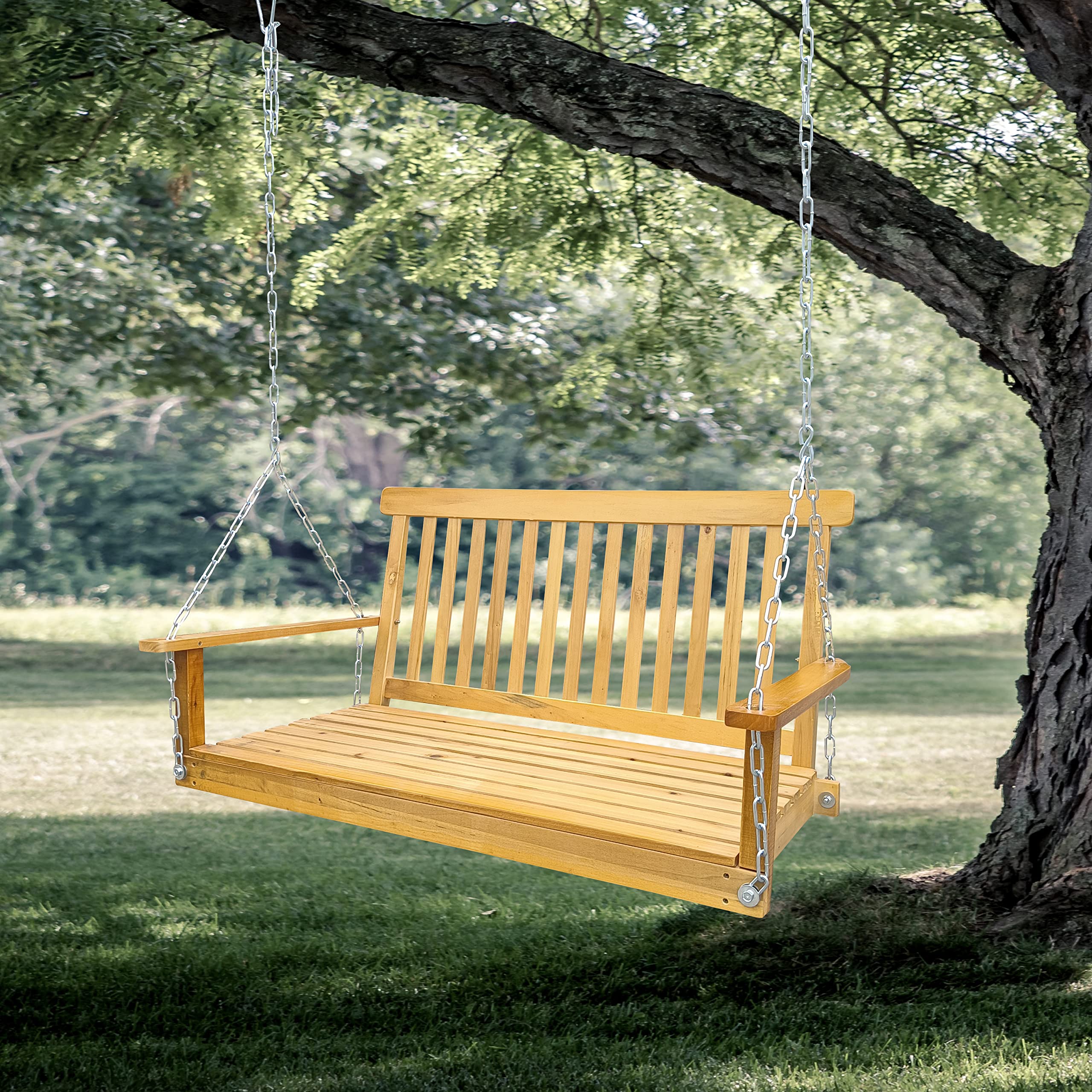 Front Yard Swing Bench Classic Teak Wooden Hanging Chains Easy Assembly Durable Solid Wood Porch Swing 47.2x28.15x23.62in