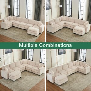 Luxyhoom Modular Sectional Sofa, 6 Seater L-Shaped Convertible Couch with Ottoman, Corduroy Upholstered Living Room Furniture Set, Double Cushion Cloud Corner Couch for Apartment, Hotel, Office, Beige