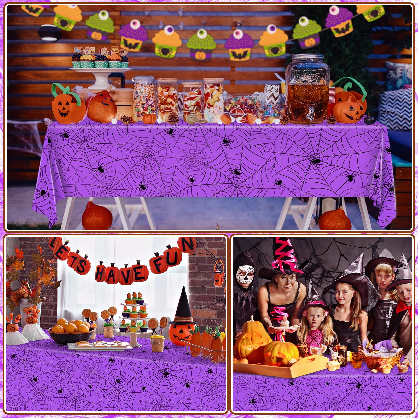 Miucat 3Pcs Halloween Tablecloth, Halloween Table Cloth Spider Web Table Cloths Halloween Plastic Tablecloth Halloween Tablecloth Disposable for Halloween Party Decorations 54" x 108" (Purple)