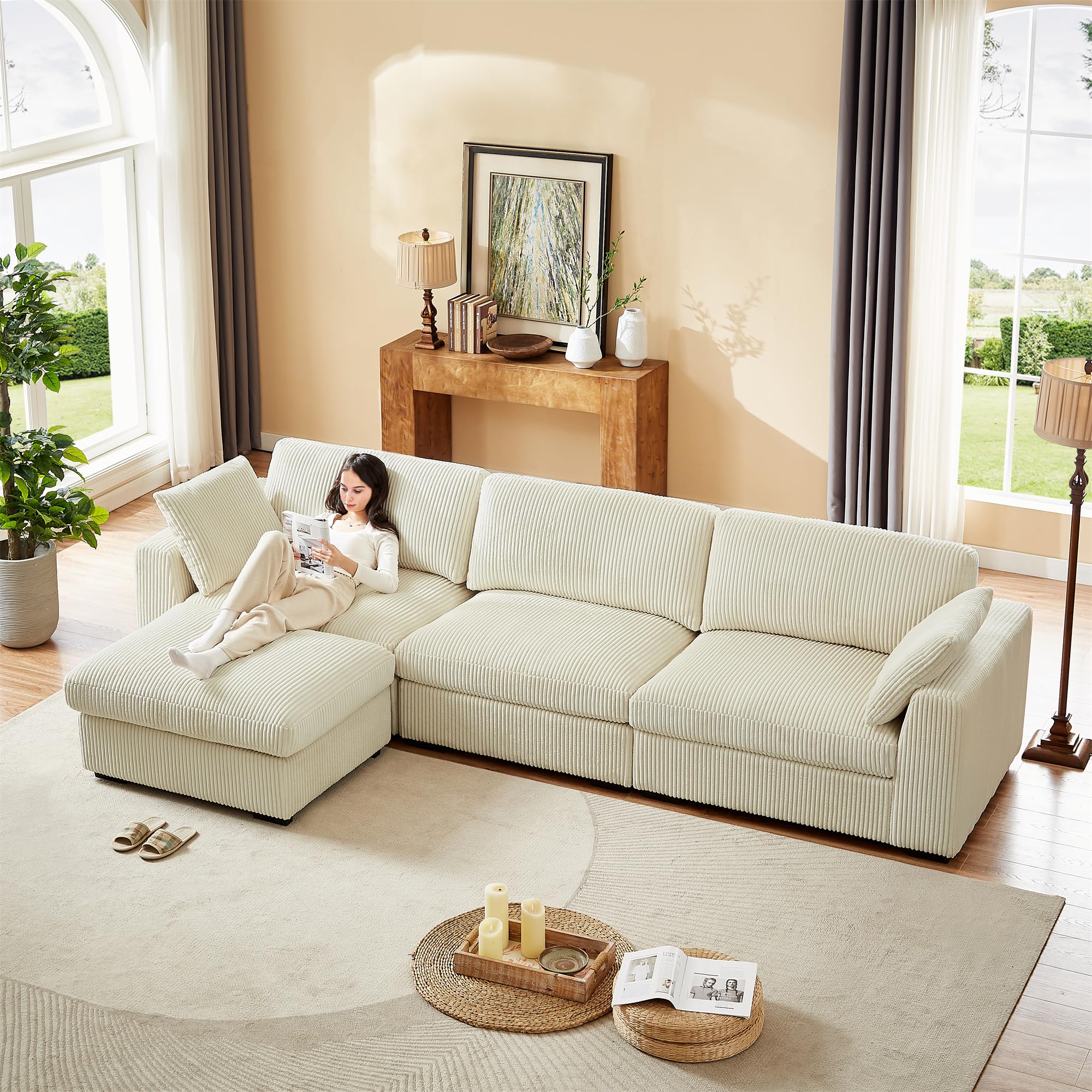 130" Oversized Sectional Sofa,Ultra-Soft L Shaped Couch for Living Room,Cloud Modular Sofa Couch with Zipper Back&Seat Cushion,Deep 4 Seat Sofa Sleeper with Movable Ottoman and Two Pillows(Beige)