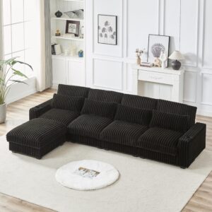 yoglad 128'' l shaped modular sectional sofa, cozy oversized corduroy couch with cup holders and charging port, 4-seater sofa with ottoman for livingroom apartment office (black)