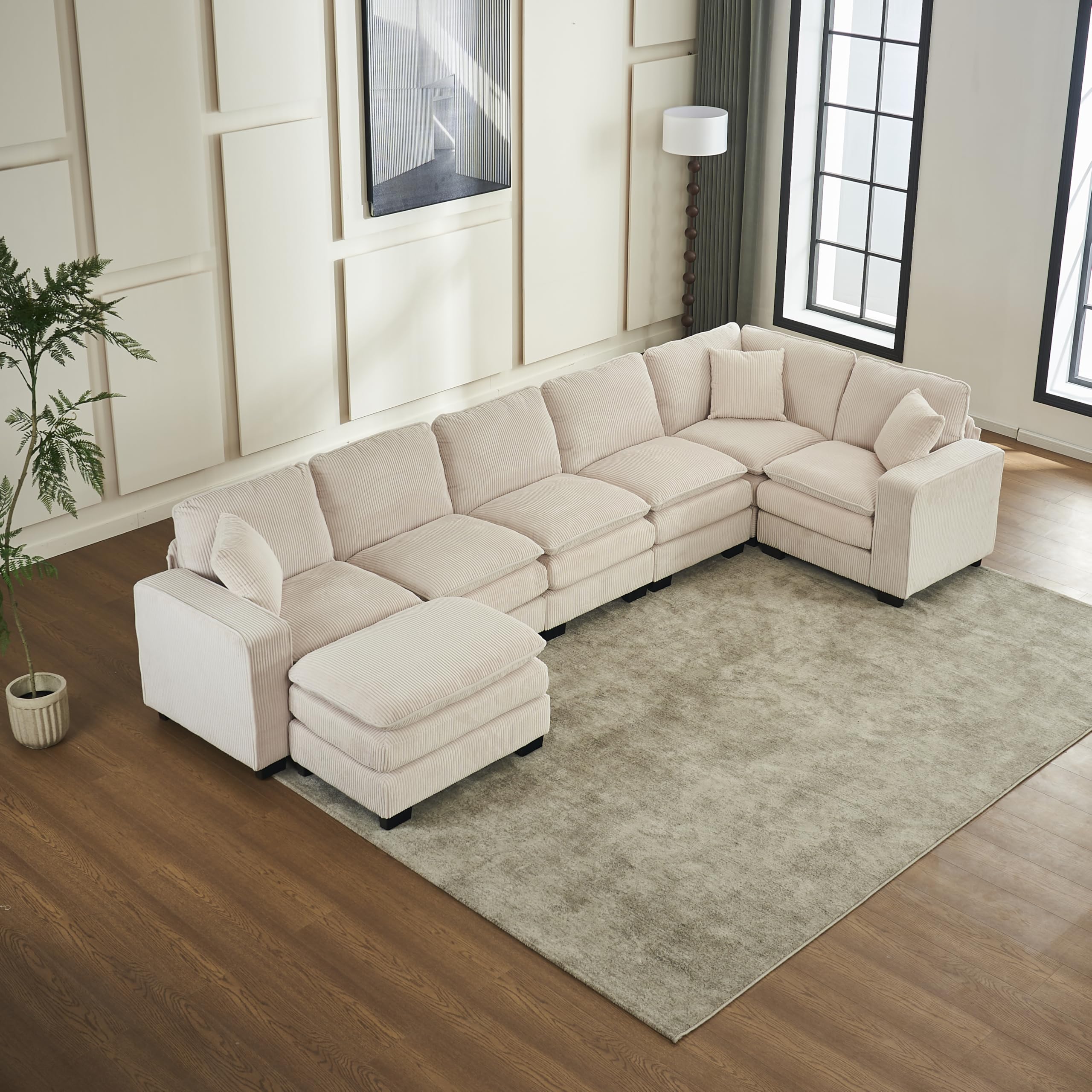 Luxyhoom Modular Sectional Sofa, 6 Seater L-Shaped Convertible Couch with Ottoman, Corduroy Upholstered Living Room Furniture Set, Double Cushion Cloud Corner Couch for Apartment, Hotel, Office, Beige