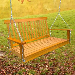 Front Yard Swing Bench Classic Teak Wooden Hanging Chains Easy Assembly Durable Solid Wood Porch Swing 47.2x28.15x23.62in