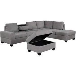 Acosure 112" Modern L-Shape Couch Set with Reversible Chaise,Sectional Convertible Sofa W/Storage Ottoman & 2 Cup Holders,Easy Assembly,6 Seat Sleeper Furniture for Living Room Apartment,Gray Velvet