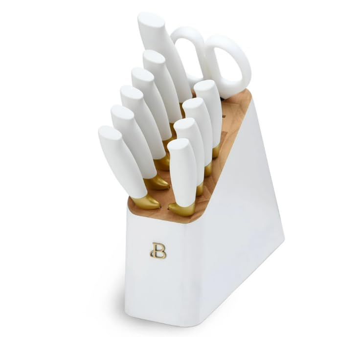 Generic 12 Piece Beautiful Knife Block Set with Soft-Grip Ergonomic Handles White and Gold by Drew Barrymore, 5306062