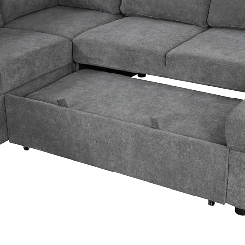 Acosure 109" U-shaped Sectional Pull-out Sofa Bed with Storage Chaise,2-in-1 Convertible Couch W/ 4 Back Pillows & 2 USB Ports,Luxurious Sleeper Furniture Set for Living Room Large Space,Grey Chenille