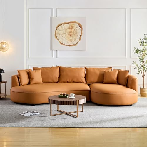 Eafurn Oversized Leather Curved Sofa, Right Hand Facing Sectional Couch with Extra Wide Chaise Lounge and Throw Pillows,6 Seater L-Shaped Leisure Sofa&Couches for Living Room Apartment