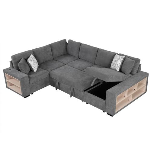 Acosure 109" U-shaped Sectional Pull-out Sofa Bed with Storage Chaise,2-in-1 Convertible Couch W/ 4 Back Pillows & 2 USB Ports,Luxurious Sleeper Furniture Set for Living Room Large Space,Grey Chenille