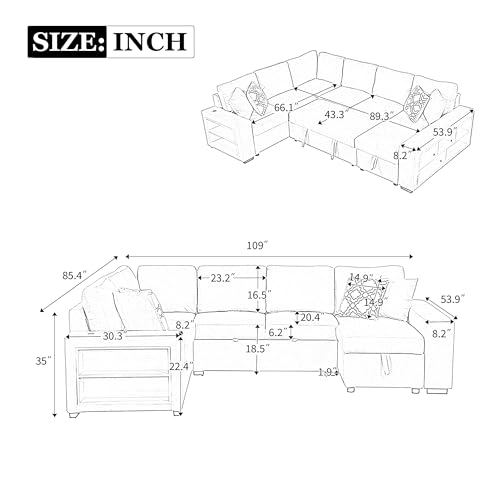 Acosure 109" U-shaped Sectional Pull-out Sofa Bed with Storage Chaise,2-in-1 Convertible Couch W/ 4 Back Pillows & 2 USB Ports,Luxurious Sleeper Furniture Set for Living Room Large Space,Grey Chenille