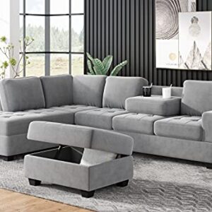 Acosure 112" Modern L-Shape Couch Set with Reversible Chaise,Sectional Convertible Sofa W/Storage Ottoman & 2 Cup Holders,Easy Assembly,6 Seat Sleeper Furniture for Living Room Apartment,Gray Velvet