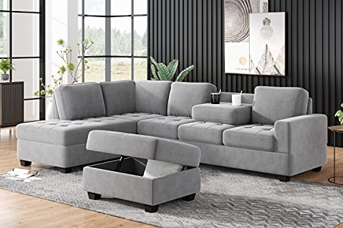 Acosure 112" Modern L-Shape Couch Set with Reversible Chaise,Sectional Convertible Sofa W/Storage Ottoman & 2 Cup Holders,Easy Assembly,6 Seat Sleeper Furniture for Living Room Apartment,Gray Velvet