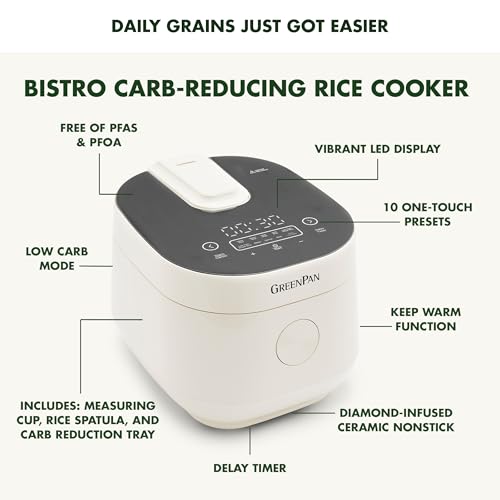 GreenPan Carb Reducing Electric Rice Cooker, 4 Cups Uncooked/8 Cooked Rice, 10 Presets, LED Display, Healthier Meals, Delay Timer, PFAS-Free Ceramic Nonstick Removable Bowl, Cool Touch, Steam, White