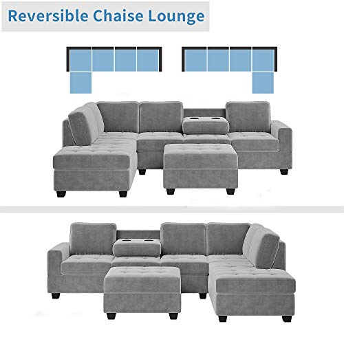 Acosure 112" Modern L-Shape Couch Set with Reversible Chaise,Sectional Convertible Sofa W/Storage Ottoman & 2 Cup Holders,Easy Assembly,6 Seat Sleeper Furniture for Living Room Apartment,Gray Velvet