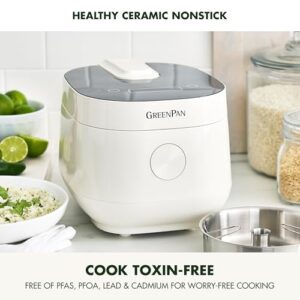 GreenPan Carb Reducing Electric Rice Cooker, 4 Cups Uncooked/8 Cooked Rice, 10 Presets, LED Display, Healthier Meals, Delay Timer, PFAS-Free Ceramic Nonstick Removable Bowl, Cool Touch, Steam, White