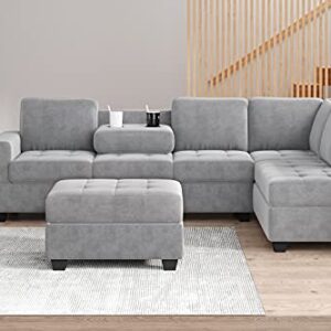 Acosure 112" Modern L-Shape Couch Set with Reversible Chaise,Sectional Convertible Sofa W/Storage Ottoman & 2 Cup Holders,Easy Assembly,6 Seat Sleeper Furniture for Living Room Apartment,Gray Velvet