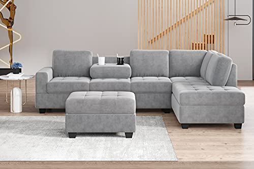 Acosure 112" Modern L-Shape Couch Set with Reversible Chaise,Sectional Convertible Sofa W/Storage Ottoman & 2 Cup Holders,Easy Assembly,6 Seat Sleeper Furniture for Living Room Apartment,Gray Velvet