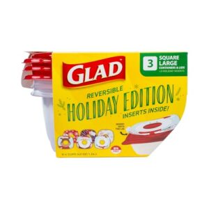 gladware holiday food storage containers with reversible gift tags, 3 count large square containers & lids, 42oz | microwave-safe, freezer-safe, dishwasher-safe