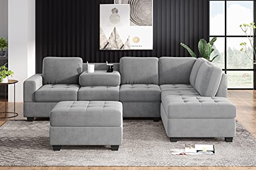 Acosure 112" Modern L-Shape Couch Set with Reversible Chaise,Sectional Convertible Sofa W/Storage Ottoman & 2 Cup Holders,Easy Assembly,6 Seat Sleeper Furniture for Living Room Apartment,Gray Velvet