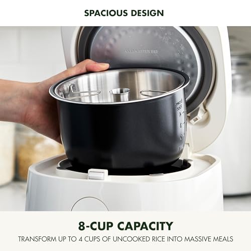 GreenPan Carb Reducing Electric Rice Cooker, 4 Cups Uncooked/8 Cooked Rice, 10 Presets, LED Display, Healthier Meals, Delay Timer, PFAS-Free Ceramic Nonstick Removable Bowl, Cool Touch, Steam, White