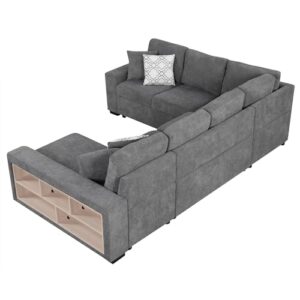 Acosure 109" U-shaped Sectional Pull-out Sofa Bed with Storage Chaise,2-in-1 Convertible Couch W/ 4 Back Pillows & 2 USB Ports,Luxurious Sleeper Furniture Set for Living Room Large Space,Grey Chenille