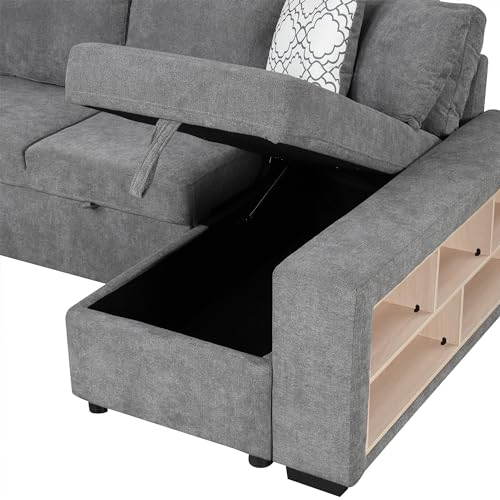 Acosure 109" U-shaped Sectional Pull-out Sofa Bed with Storage Chaise,2-in-1 Convertible Couch W/ 4 Back Pillows & 2 USB Ports,Luxurious Sleeper Furniture Set for Living Room Large Space,Grey Chenille