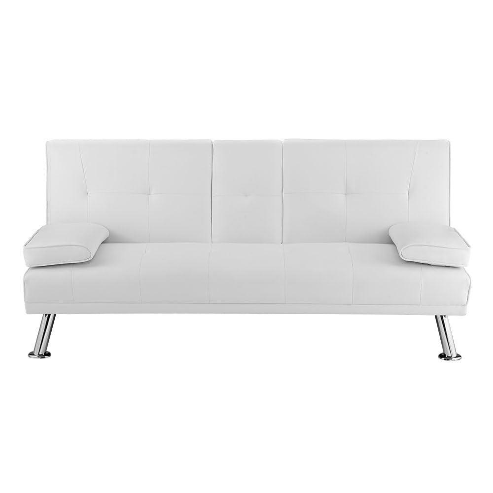 Maykoosh Low Profile Design: Convertible Folding Futon Sofa Bed Sleeper Couch for Living Room Upholstered Futon Sofa with Armrests, Metal Legs, 2 Cup Holders White/Faux Leather